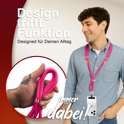 NALIA Universal Handykette für alle Smartphones – Premium Komfort-Nylon & 2 Patches – HOLDME (Geflochtenes Lanyard mit Gold-Karabiner) – Marke aus Berlin