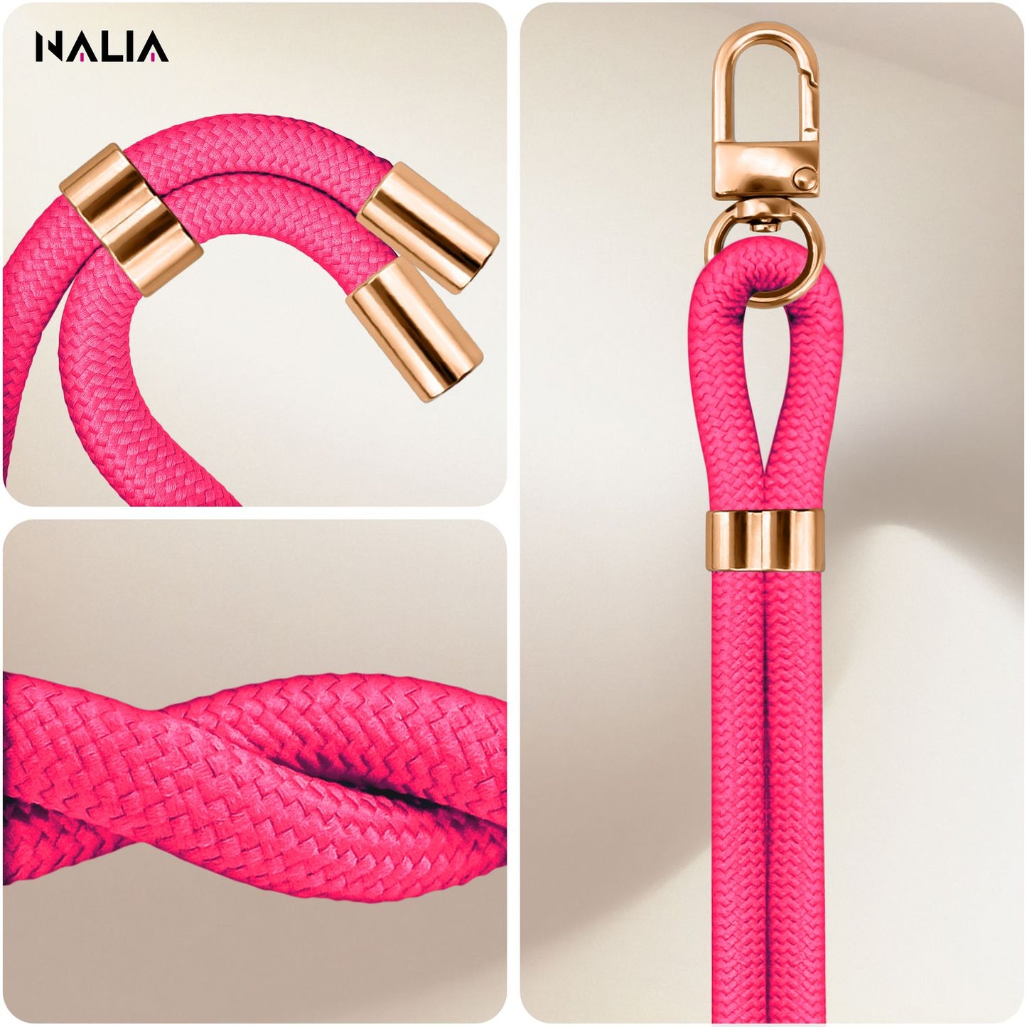 NALIA Universal Handykette für alle Smartphones – Premium Komfort-Nylon & 2 Patches – HOLDME (Geflochtenes Lanyard mit Gold-Karabiner) – Marke aus Berlin