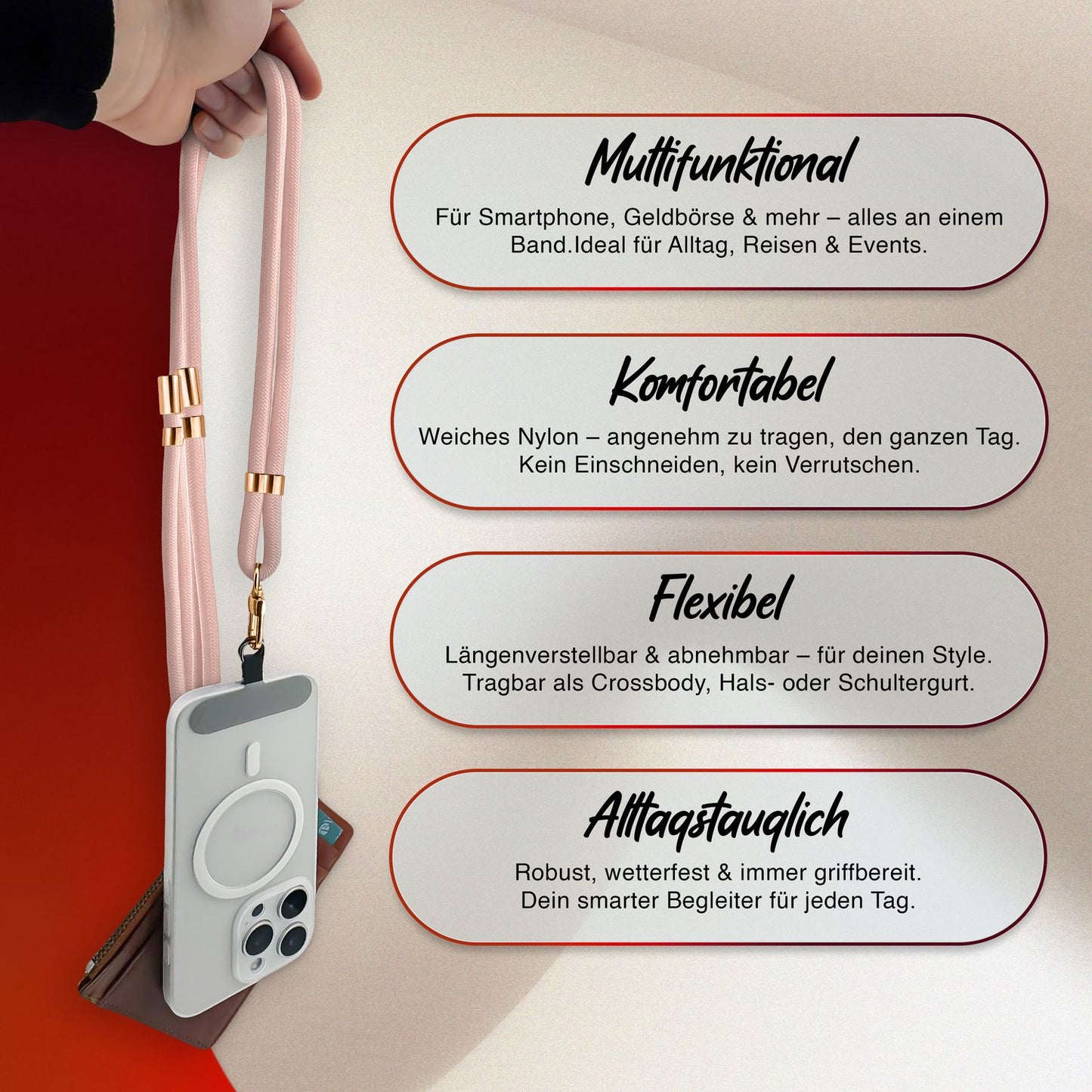 NALIA Universal Handykette für alle Smartphones – Premium Komfort-Nylon & 2 Patches – HOLDME (Geflochtenes Lanyard mit Gold-Karabiner) – Marke aus Berlin