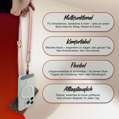 NALIA Universal Handykette für alle Smartphones – Premium Komfort-Nylon & 2 Patches – HOLDME (Geflochtenes Lanyard mit Gold-Karabiner) – Marke aus Berlin
