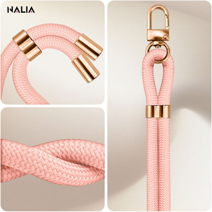 NALIA Universal Handykette für alle Smartphones – Premium Komfort-Nylon & 2 Patches – HOLDME (Geflochtenes Lanyard mit Gold-Karabiner) – Marke aus Berlin