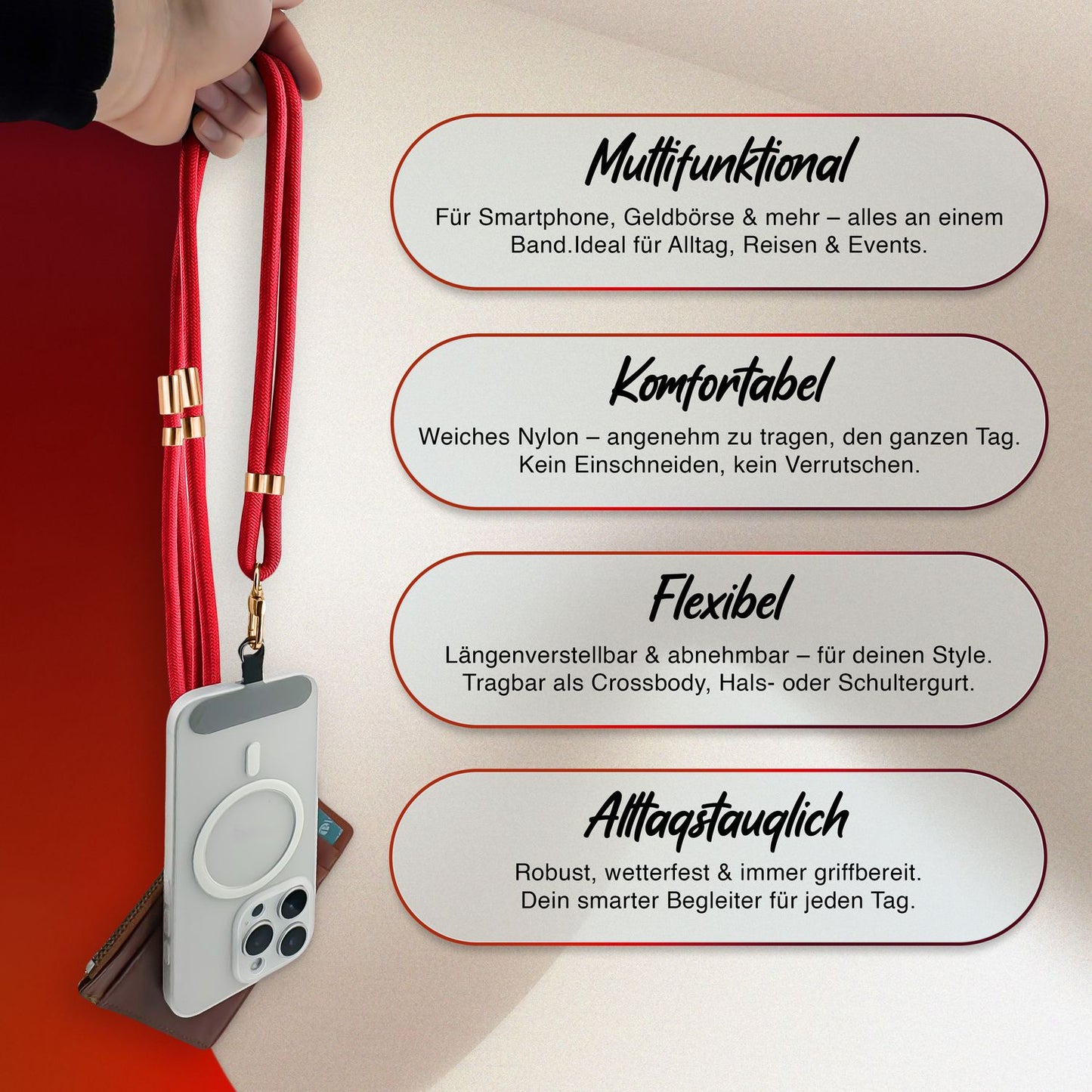 NALIA Universal Handykette für alle Smartphones – Premium Komfort-Nylon & 2 Patches – HOLDME (Geflochtenes Lanyard mit Gold-Karabiner) – Marke aus Berlin