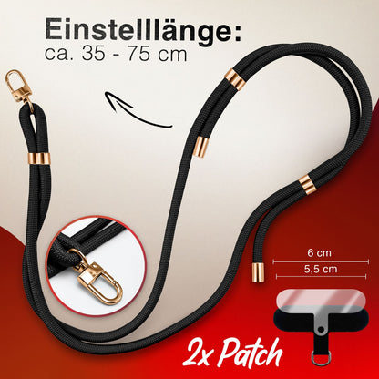 NALIA Universal Handykette für alle Smartphones – Premium Komfort-Nylon & 2 Patches – HOLDME (Geflochtenes Lanyard mit Gold-Karabiner) – Marke aus Berlin