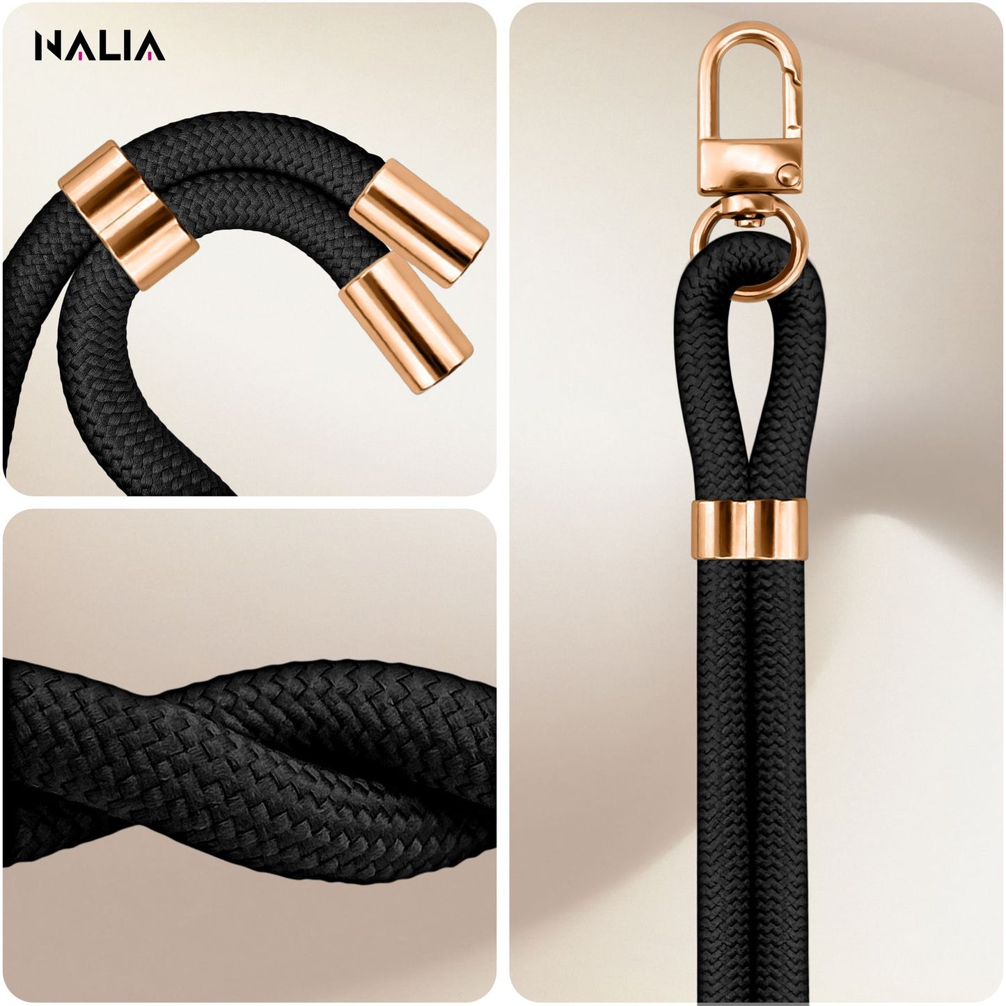 NALIA Universal Handykette für alle Smartphones – Premium Komfort-Nylon & 2 Patches – HOLDME (Geflochtenes Lanyard mit Gold-Karabiner) – Marke aus Berlin