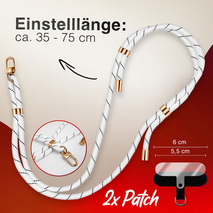 NALIA Universal Handykette für alle Smartphones – Premium Komfort-Nylon & 2 Patches – HOLDME (Geflochtenes Lanyard mit Gold-Karabiner) – Marke aus Berlin