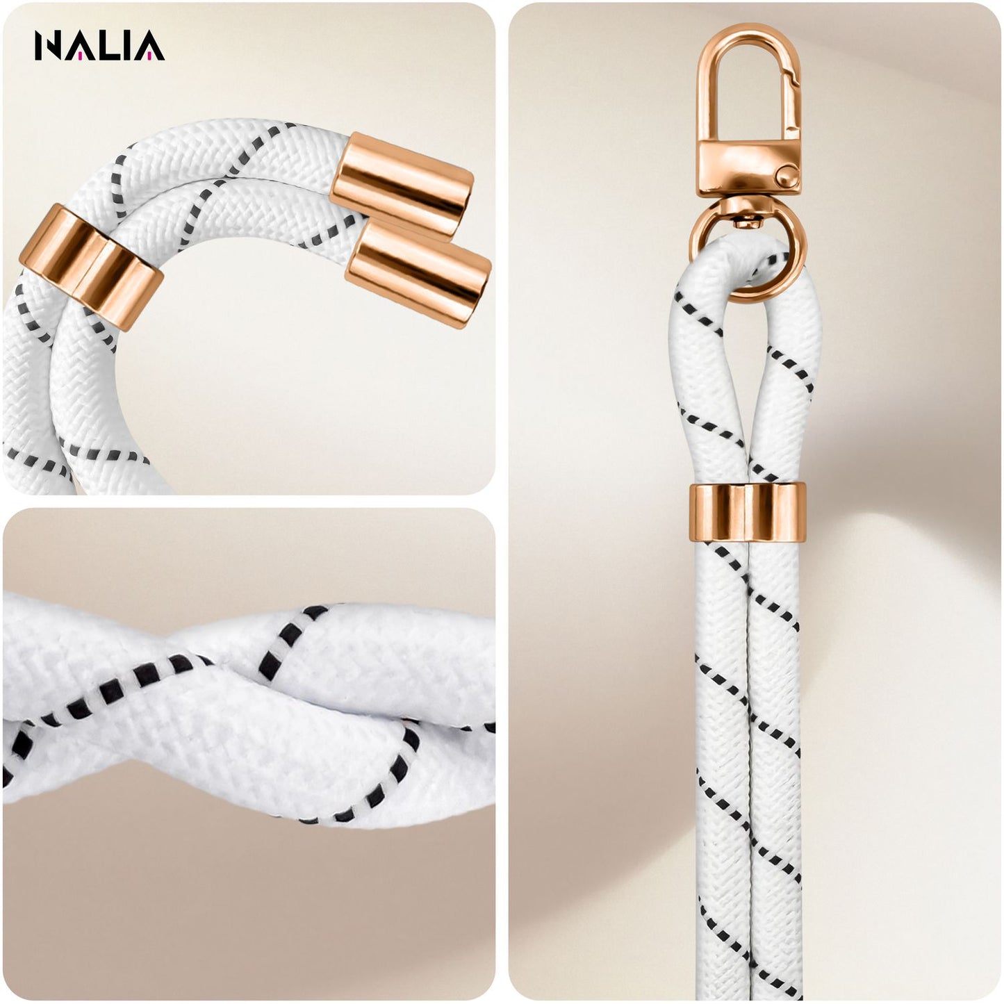 NALIA Universal Handykette für alle Smartphones – Premium Komfort-Nylon & 2 Patches – HOLDME (Geflochtenes Lanyard mit Gold-Karabiner) – Marke aus Berlin