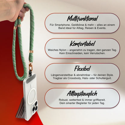 NALIA Universal Handykette für alle Smartphones – Premium Komfort-Nylon & 2 Patches – HOLDME (Geflochtenes Lanyard mit Gold-Karabiner) – Marke aus Berlin