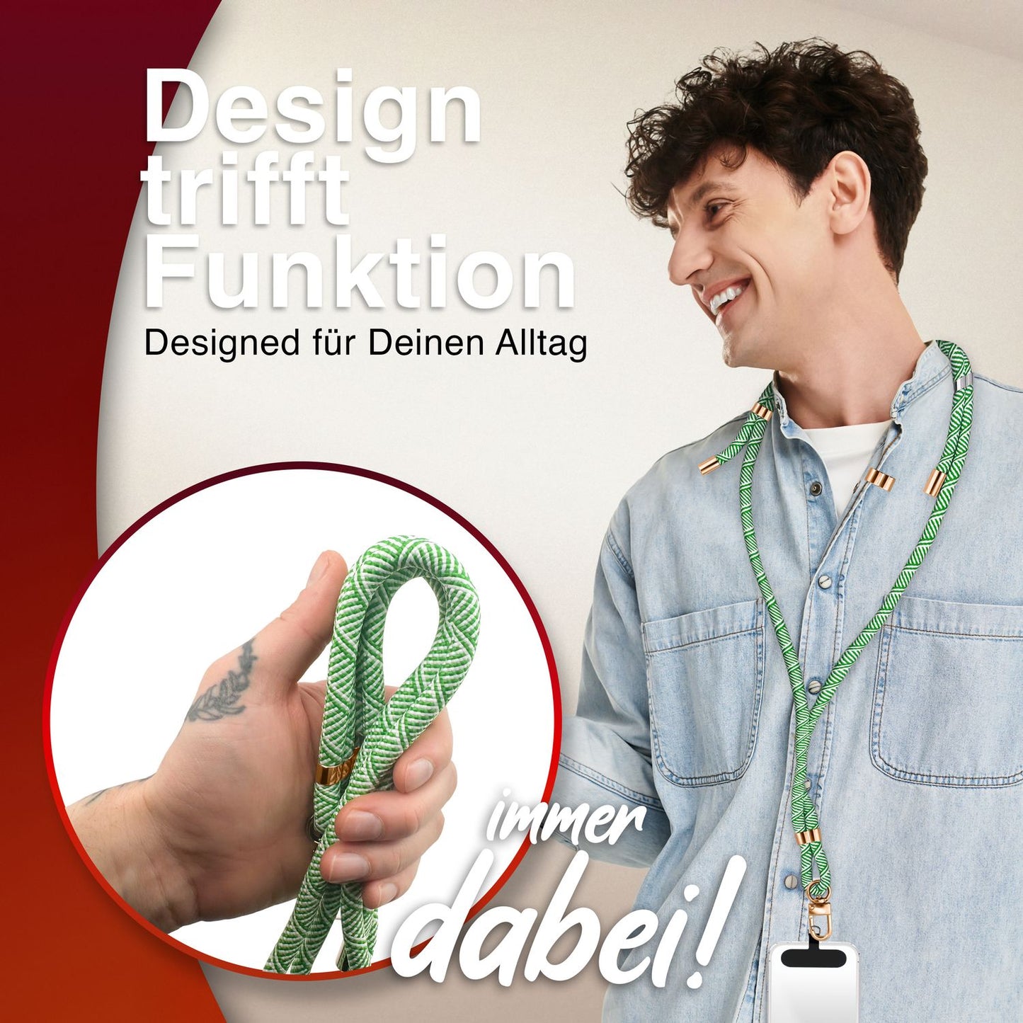 NALIA Universal Handykette für alle Smartphones – Premium Komfort-Nylon & 2 Patches – HOLDME (Geflochtenes Lanyard mit Gold-Karabiner) – Marke aus Berlin