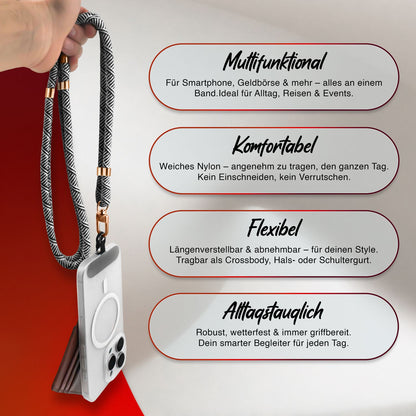 NALIA Universal Handykette für alle Smartphones – Premium Komfort-Nylon & 2 Patches – HOLDME (Geflochtenes Lanyard mit Gold-Karabiner) – Marke aus Berlin