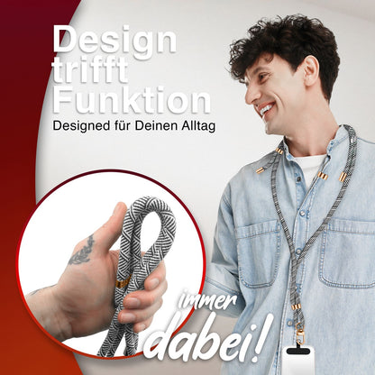 NALIA Universal Handykette für alle Smartphones – Premium Komfort-Nylon & 2 Patches – HOLDME (Geflochtenes Lanyard mit Gold-Karabiner) – Marke aus Berlin