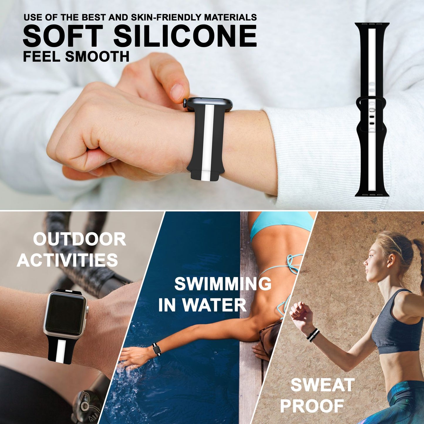 NALIA Gestreiftes Silikon Smart-Watch Ersatzarmband kompatibel mit Apple Watch Armband Ultra/SE & Series 8/7/6/5/4/3/2/1, 42 44 45 49mm, iWatch Fitnessarmband Damen & Herren