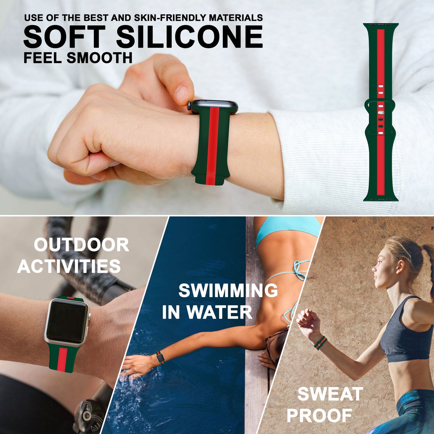 NALIA Gestreiftes Silikon Smart-Watch Ersatzarmband kompatibel mit Apple Watch Armband Ultra/SE & Series 8/7/6/5/4/3/2/1, 42 44 45 49mm, iWatch Fitnessarmband Damen & Herren