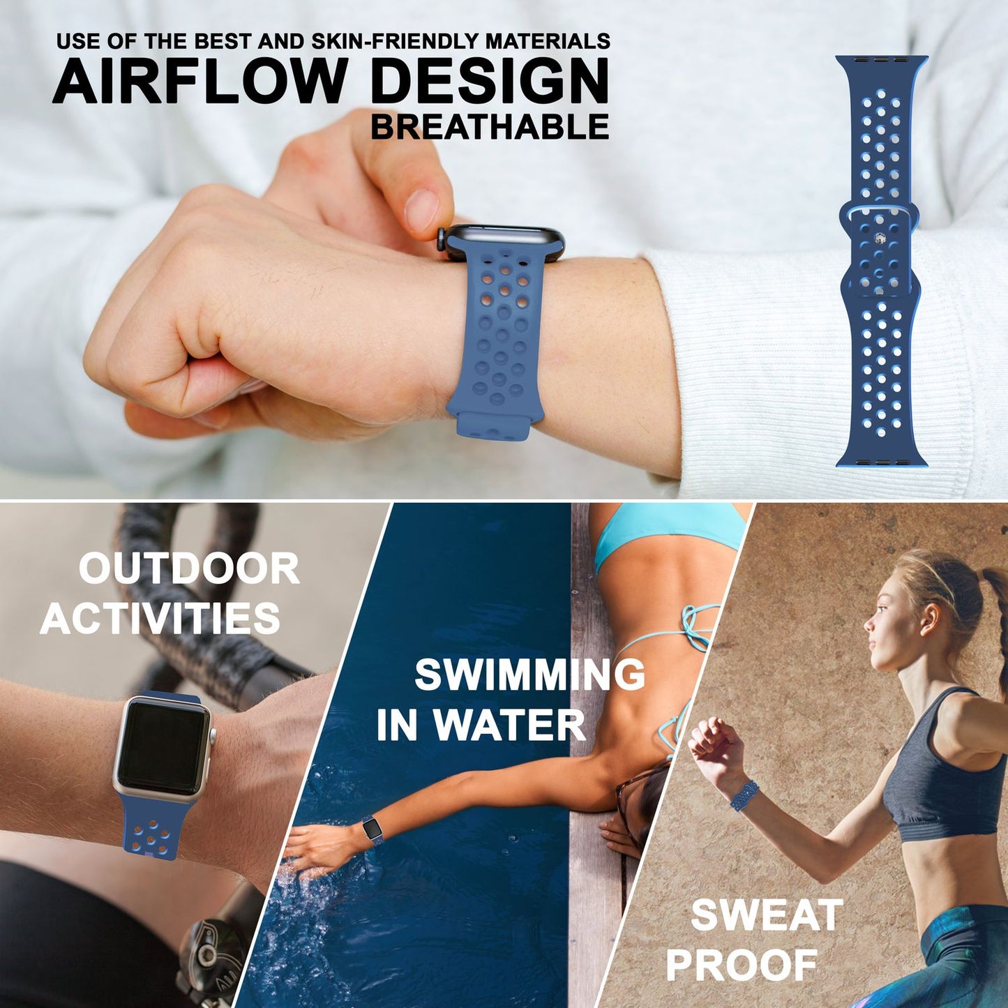 NALIA Gelochtes Silikon Smart-Watch Ersatzarmband kompatibel mit Apple Watch Armband SE & Series 8/7/6/5/4/3/2/1, 38mm 40mm 41mm, iWatch Fitnessarmband Damen & Herren
