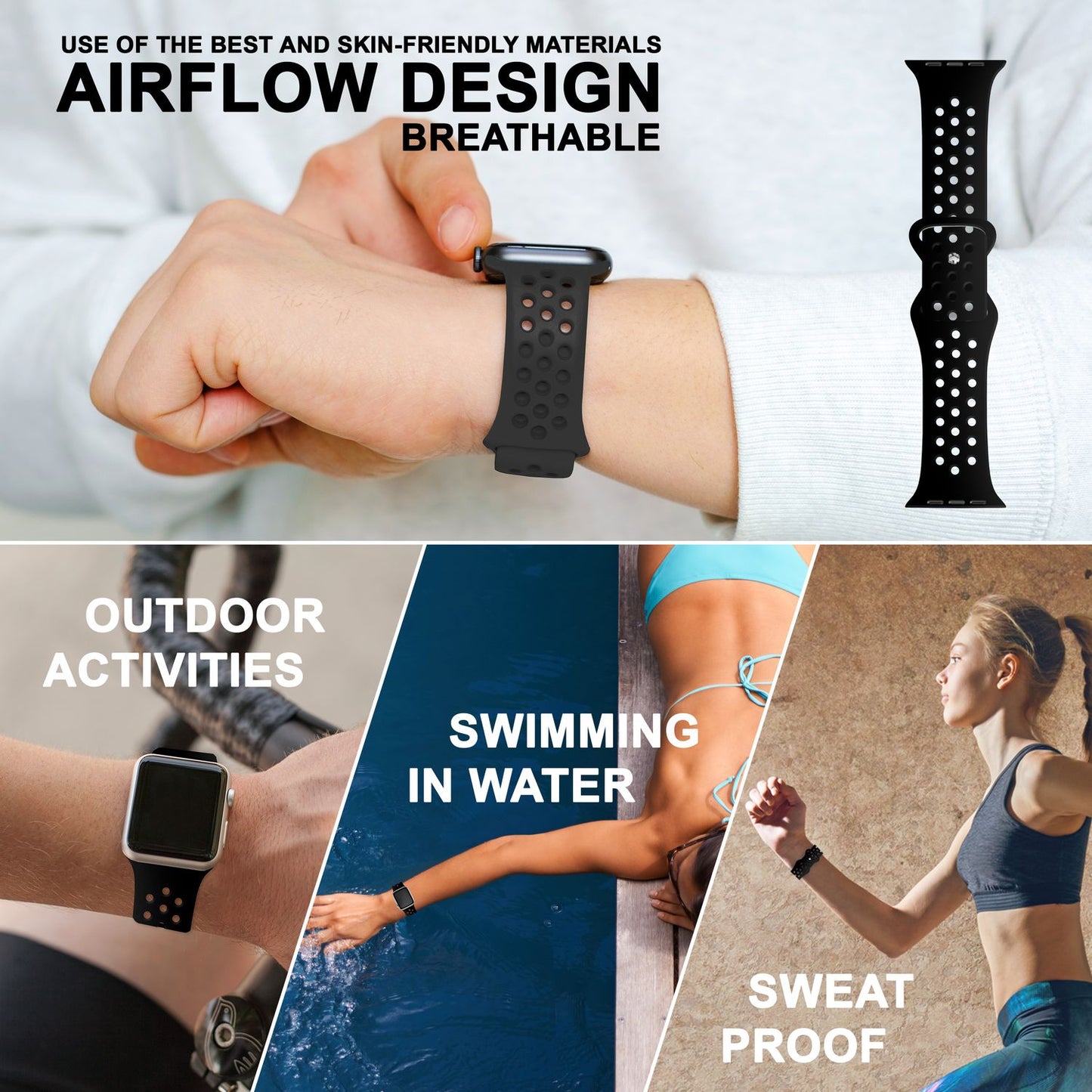 NALIA Gelochtes Silikon Smart-Watch Ersatzarmband kompatibel mit Apple Watch Armband SE & Series 8/7/6/5/4/3/2/1, 38mm 40mm 41mm, iWatch Fitnessarmband Damen & Herren