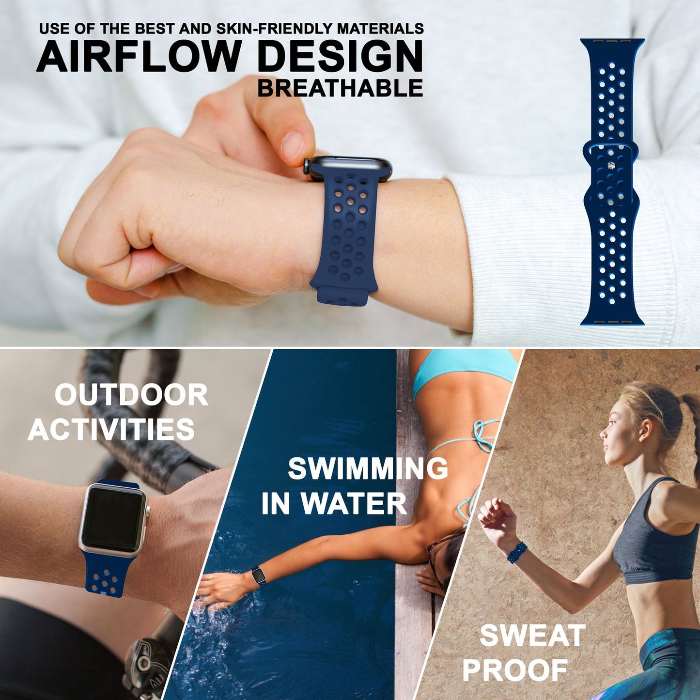 NALIA Gelochtes Silikon Smart-Watch Ersatzarmband kompatibel mit Apple Watch Armband SE & Series 8/7/6/5/4/3/2/1, 38mm 40mm 41mm, iWatch Fitnessarmband Damen & Herren