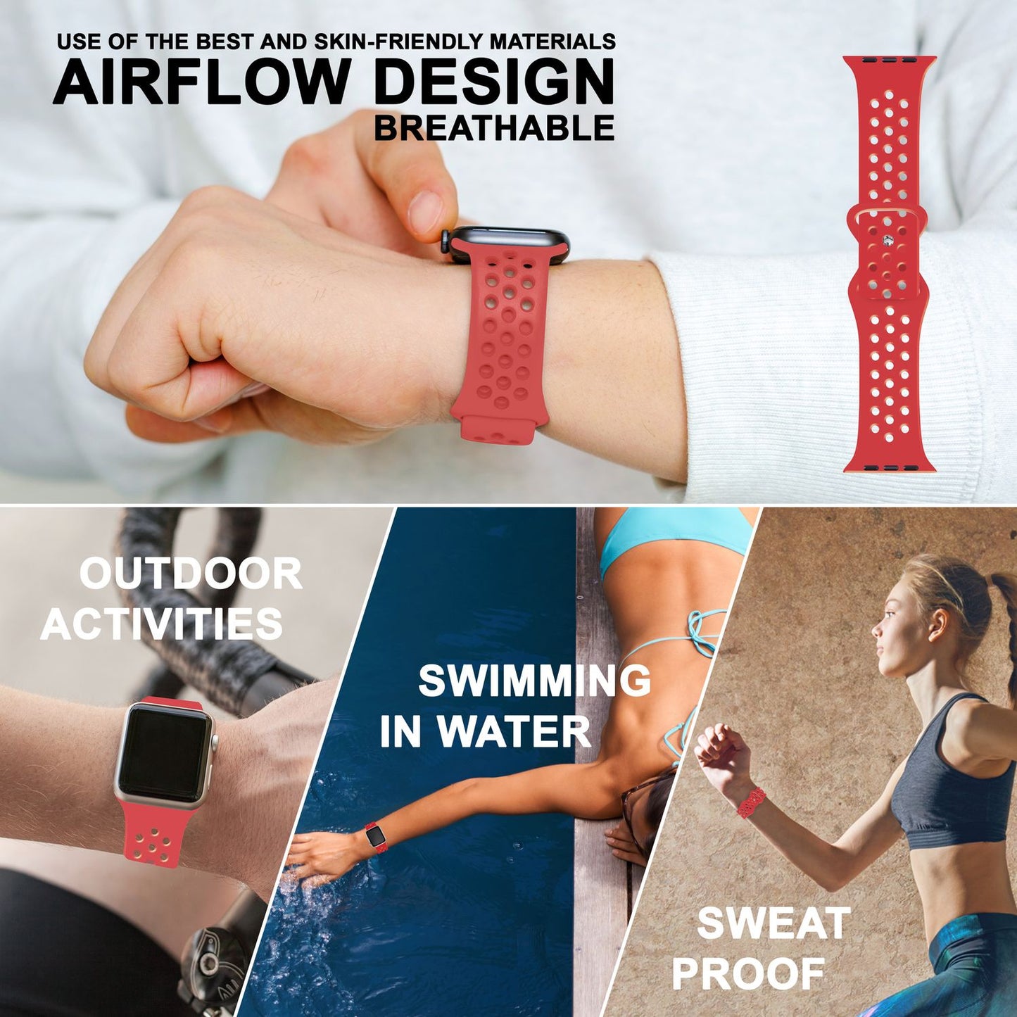 NALIA Gelochtes Silikon Smart-Watch Ersatzarmband kompatibel mit Apple Watch Armband Ultra/SE & Series 8/7/6/5/4/3/2/1, 42mm 44mm 45mm 49mm, iWatch Fitnessarmband Damen & Herren