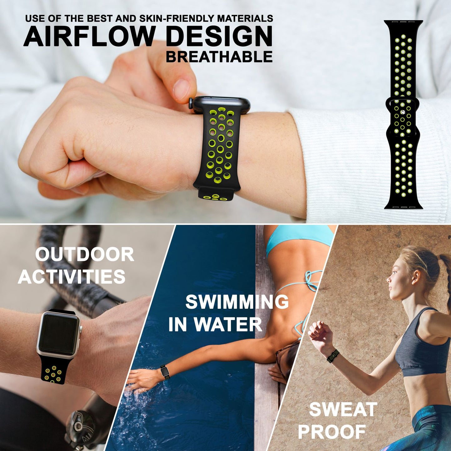 NALIA Silikon Smart Watch Armband Airflow-Löcher kompatibel mit Apple Watch Armband SE & Series 8/7/6/5/4/3/2/1, 38mm 40mm 41mm, iWatch Sport-Band Damen Herren