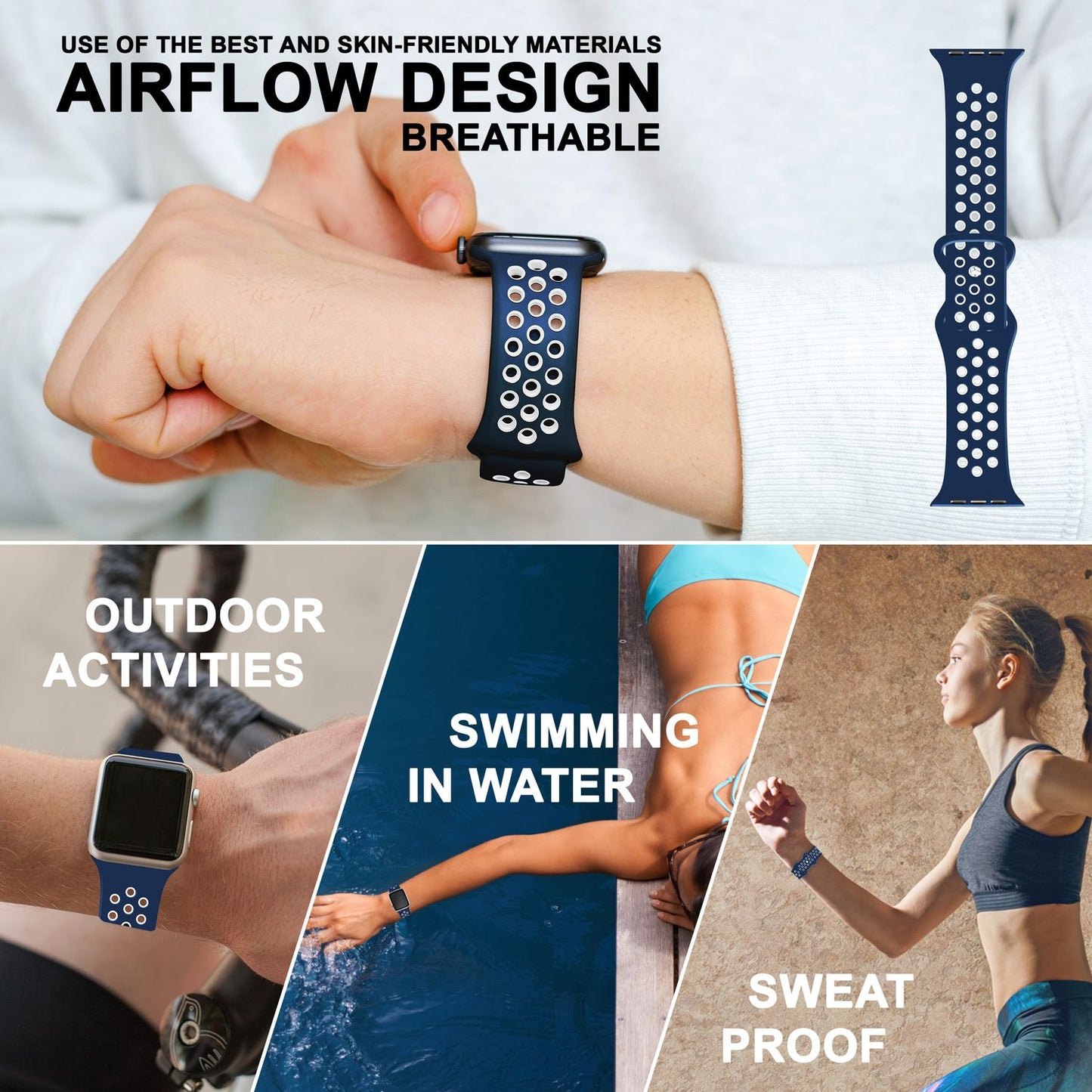 NALIA Silikon Smart Watch Armband Airflow-Löcher kompatibel mit Apple Watch Armband SE & Series 8/7/6/5/4/3/2/1, 38mm 40mm 41mm, iWatch Sport-Band Damen Herren