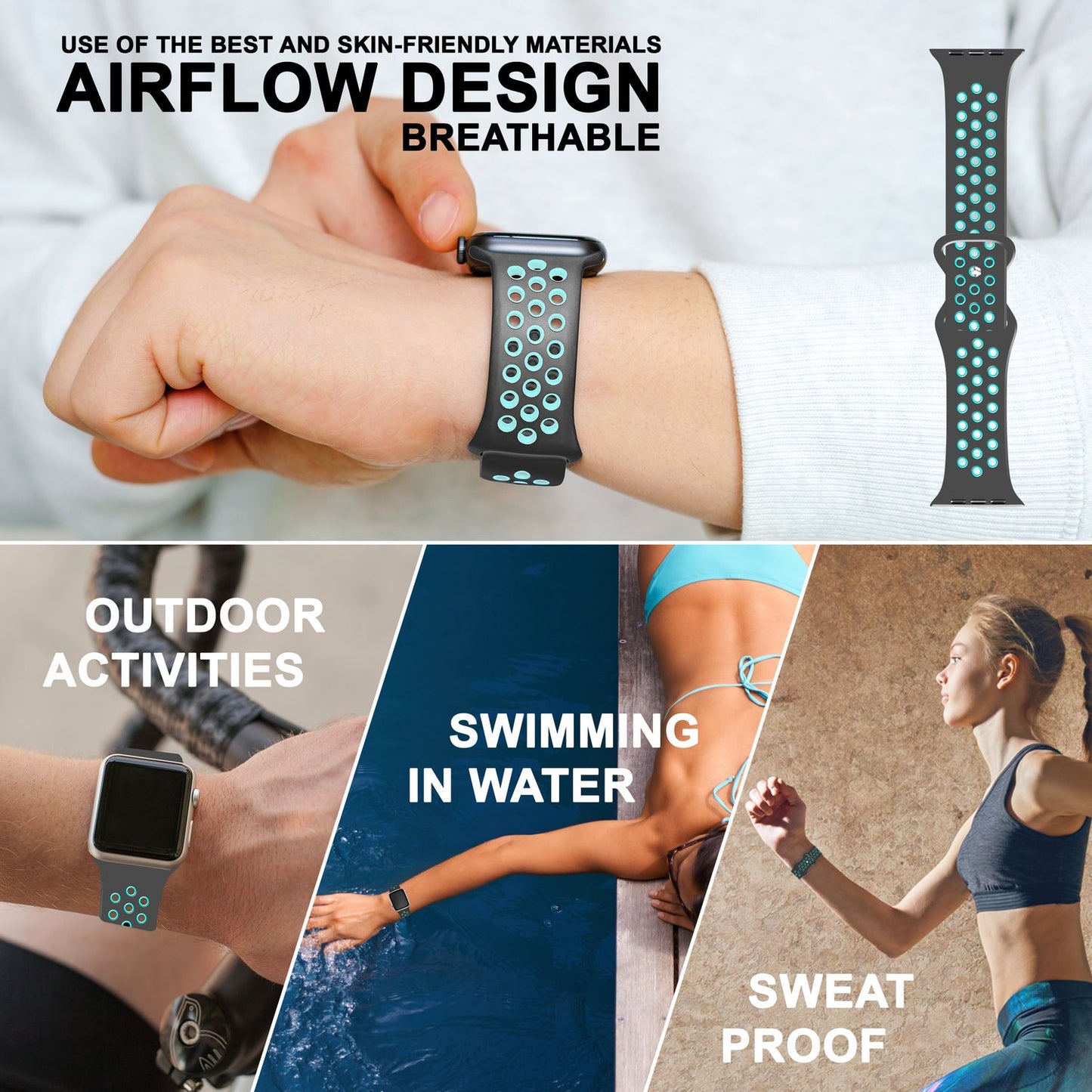 NALIA Silikon Smart Watch Armband Airflow-Löcher kompatibel mit Apple Watch Armband SE & Series 8/7/6/5/4/3/2/1, 38mm 40mm 41mm, iWatch Sport-Band Damen Herren