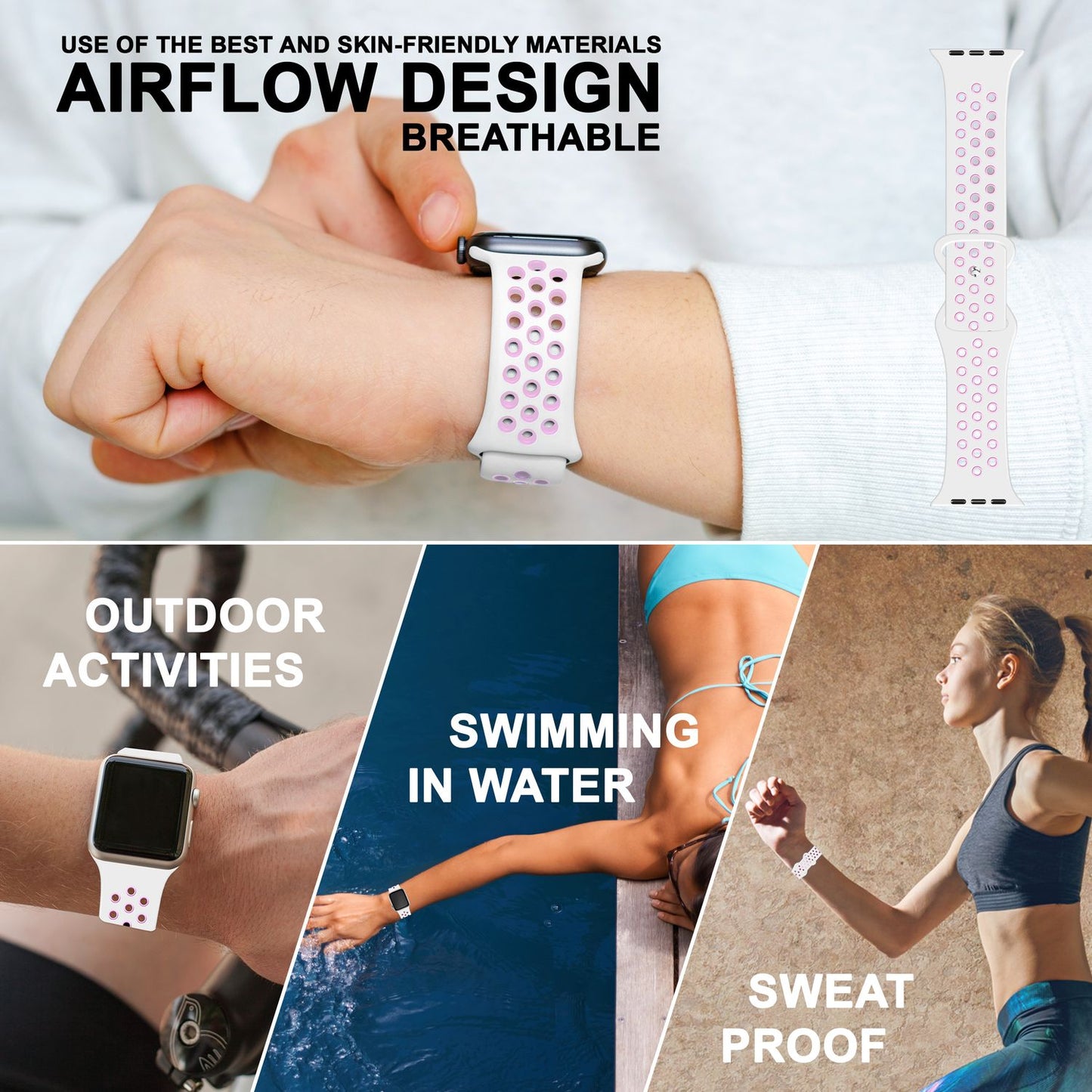 NALIA Silikon Smart Watch Armband Airflow-Löcher kompatibel mit Apple Watch Armband SE & Series 8/7/6/5/4/3/2/1, 38mm 40mm 41mm, iWatch Sport-Band Damen Herren