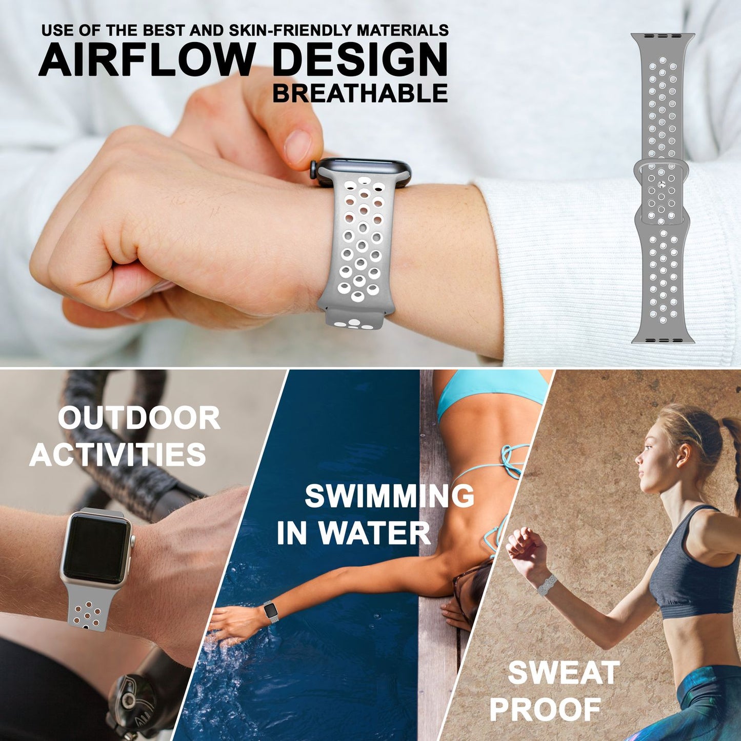 NALIA Silikon Smart Watch Armband Airflow-Löcher kompatibel mit Apple Watch Armband Ultra/SE & Series 8/7/6/5/4/3/2/1, 42mm 44mm 45mm 49mm, iWatch Sport-Band Damen Herren
