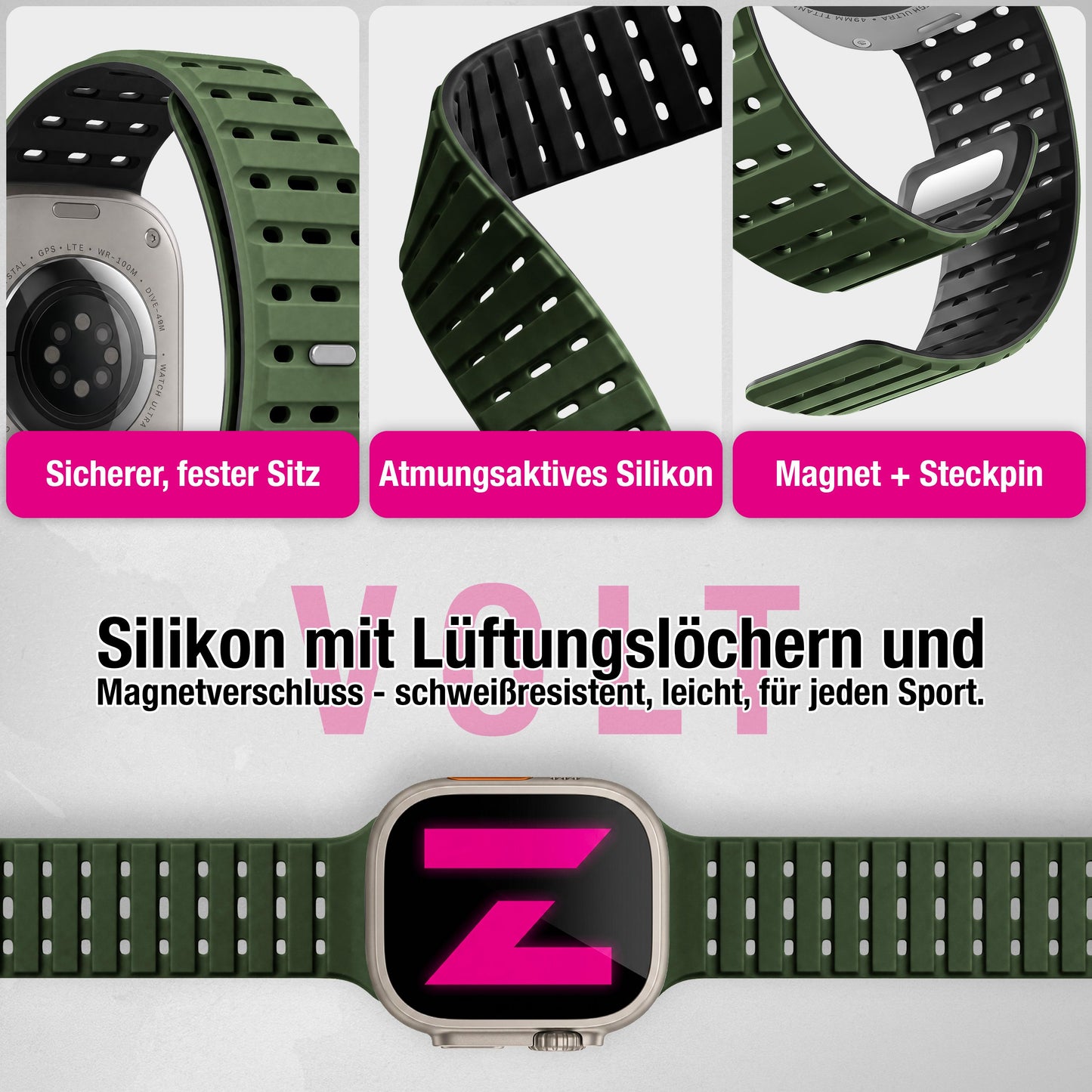 NALIA Volt Magnet Armband kompatibel mit Apple Watch Armband iWatch Series Ultra/SE/10/9/8/7/6/5/4/3/2/1, 42/44/45/49mm, Silikon Band Loop Sportarmband mit Steck-Pin Verschluss