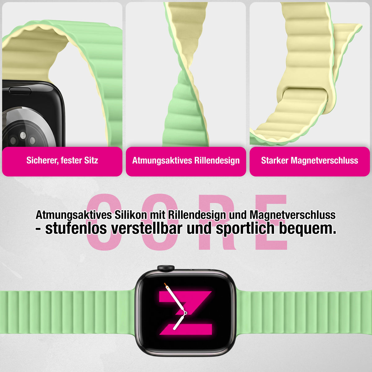 NALIA Core Magnet Armband kompatibel mit Apple Watch SE & iWatch Series 10 9 8 7 6 5 4 3 2 1, 38/40/41/42mm, Atmungsaktives Silikon Loop, Sportarmband mit Rillen Design