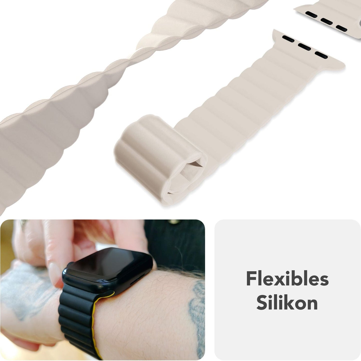 NALIA Core Magnet Armband kompatibel mit Apple Watch Series Ultra/SE/10/9/8/7/6/5/4/3/2/1 – 42/44/45/46/49mm, Atmungsaktives Silikon Loop, Sportarmband mit Rillendesign