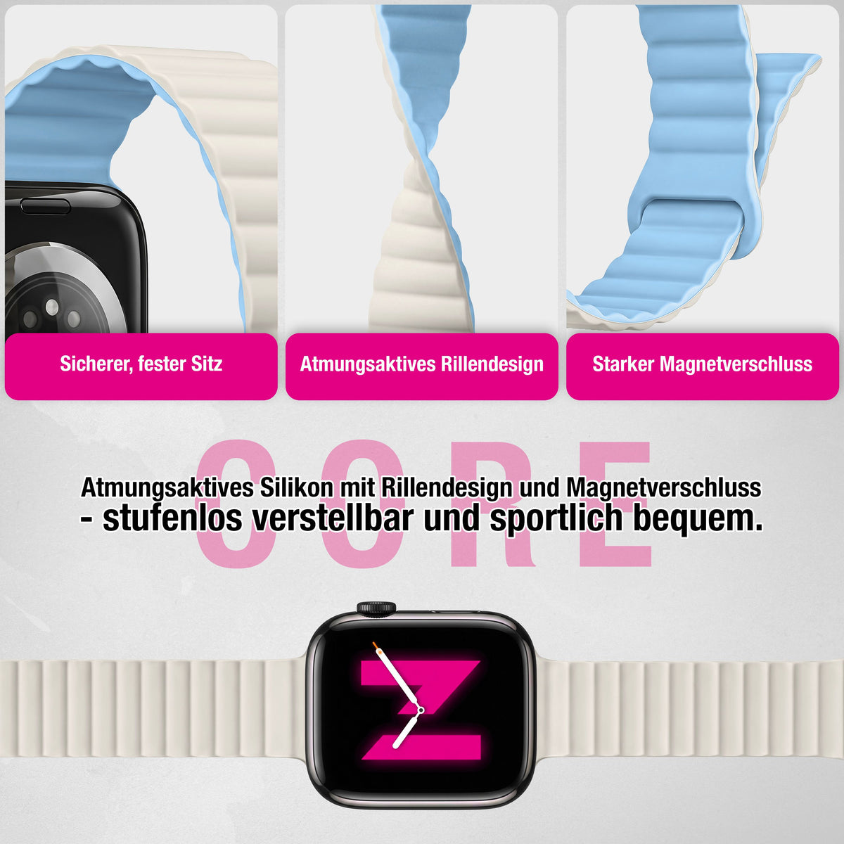 NALIA Core Magnet Armband kompatibel mit Apple Watch Series Ultra/SE/10/9/8/7/6/5/4/3/2/1 – 42/44/45/46/49mm, Atmungsaktives Silikon Loop, Sportarmband mit Rillendesign
