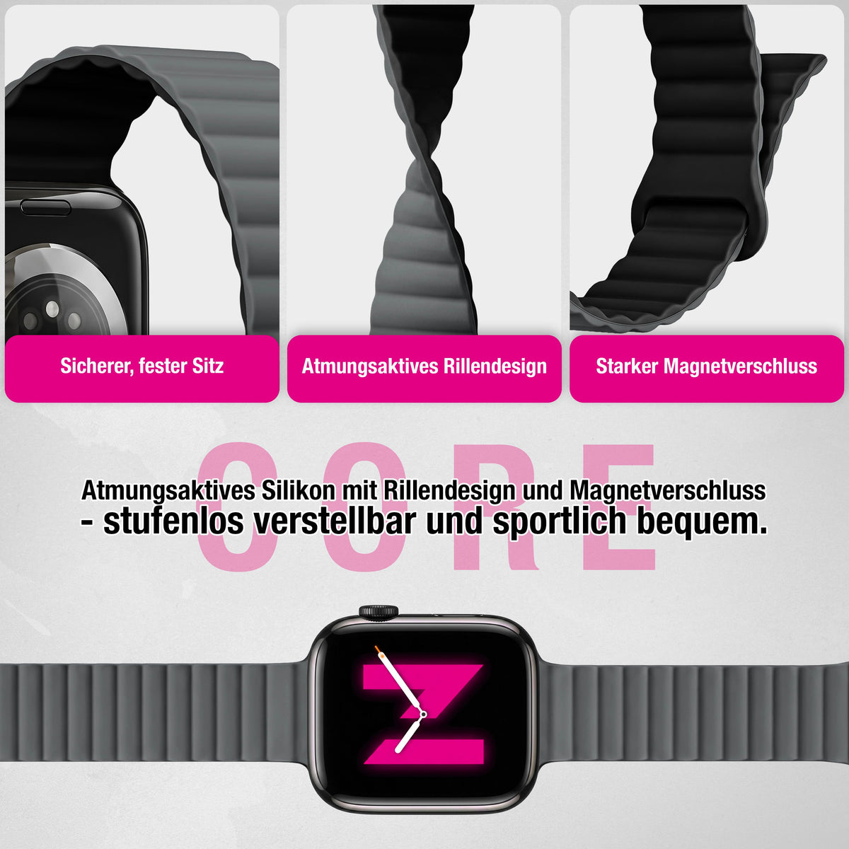 NALIA Core Magnet Armband kompatibel mit Apple Watch Series Ultra/SE/10/9/8/7/6/5/4/3/2/1 – 42/44/45/46/49mm, Atmungsaktives Silikon Loop, Sportarmband mit Rillendesign