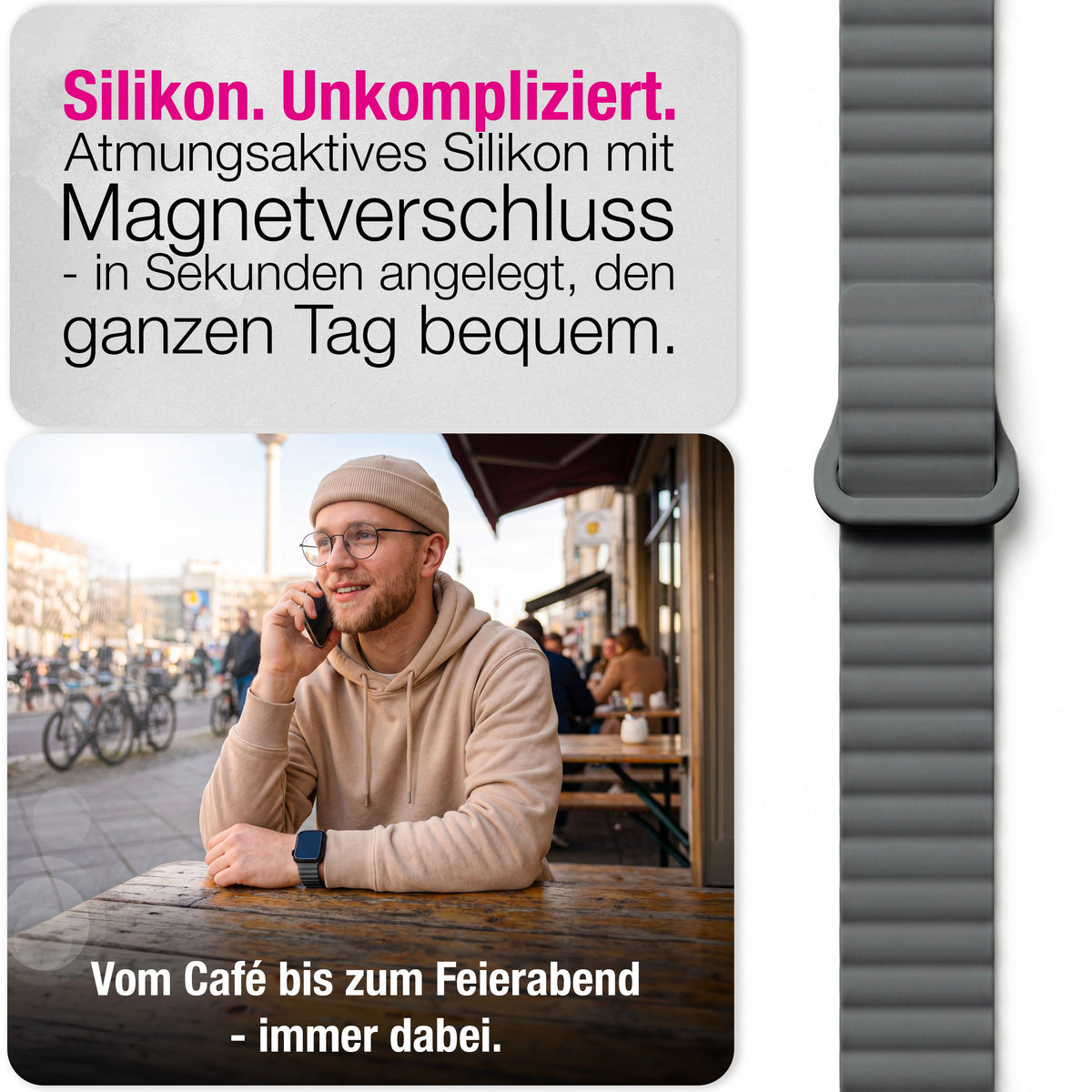 NALIA Core Magnet Armband kompatibel mit Apple Watch Series Ultra/SE/10/9/8/7/6/5/4/3/2/1 – 42/44/45/46/49mm, Atmungsaktives Silikon Loop, Sportarmband mit Rillendesign