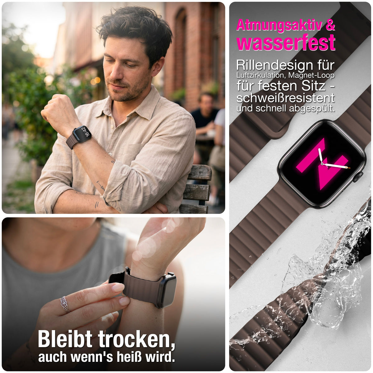 NALIA Core Magnet Armband kompatibel mit Apple Watch Series Ultra/SE/10/9/8/7/6/5/4/3/2/1 – 42/44/45/46/49mm, Atmungsaktives Silikon Loop, Sportarmband mit Rillendesign
