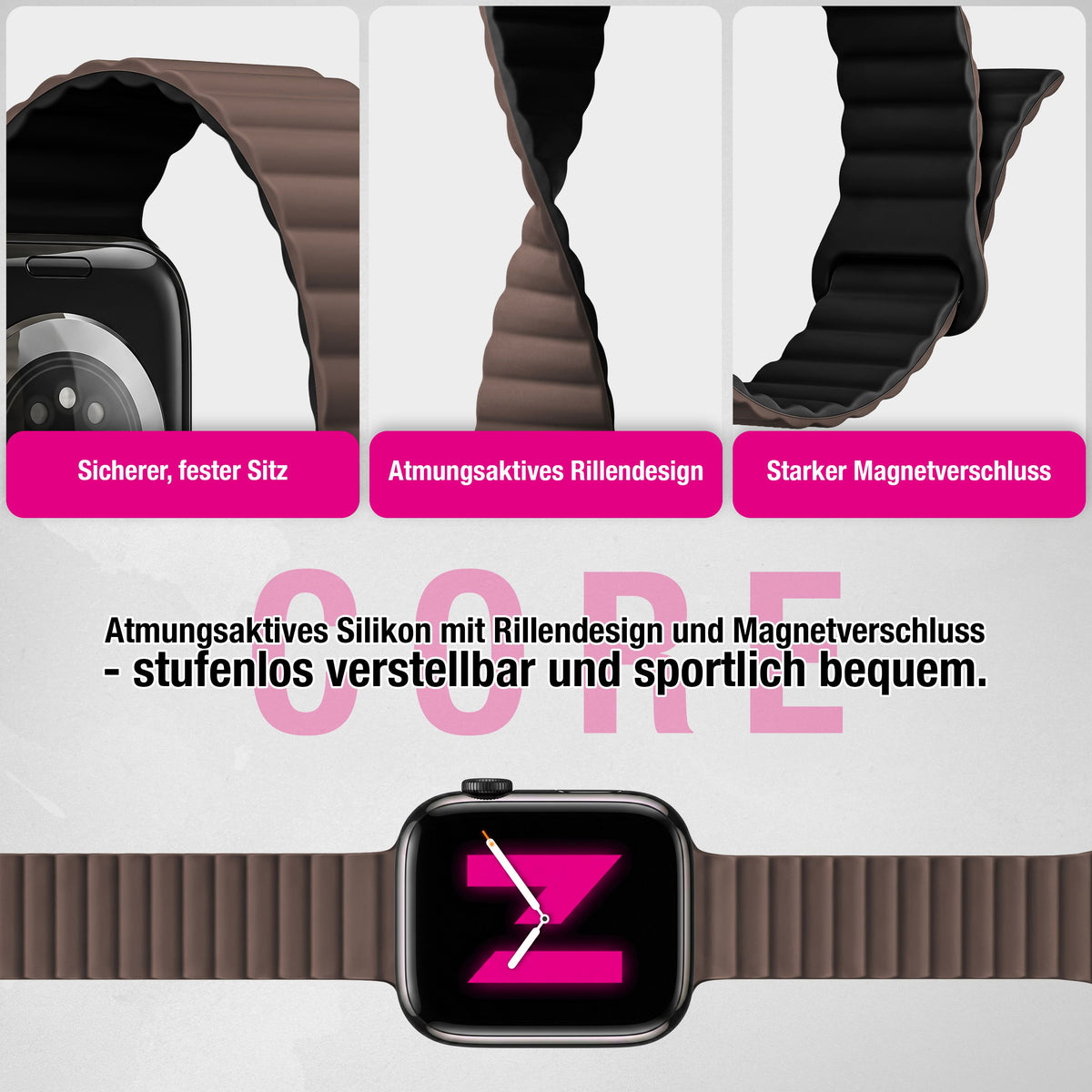 NALIA Core Magnet Armband kompatibel mit Apple Watch Series Ultra/SE/10/9/8/7/6/5/4/3/2/1 – 42/44/45/46/49mm, Atmungsaktives Silikon Loop, Sportarmband mit Rillendesign