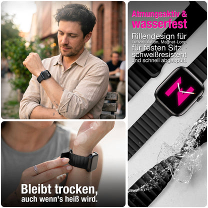 NALIA Core Magnet Armband kompatibel mit Apple Watch Series Ultra/SE/10/9/8/7/6/5/4/3/2/1 – 42/44/45/46/49mm, Atmungsaktives Silikon Loop, Sportarmband mit Rillendesign
