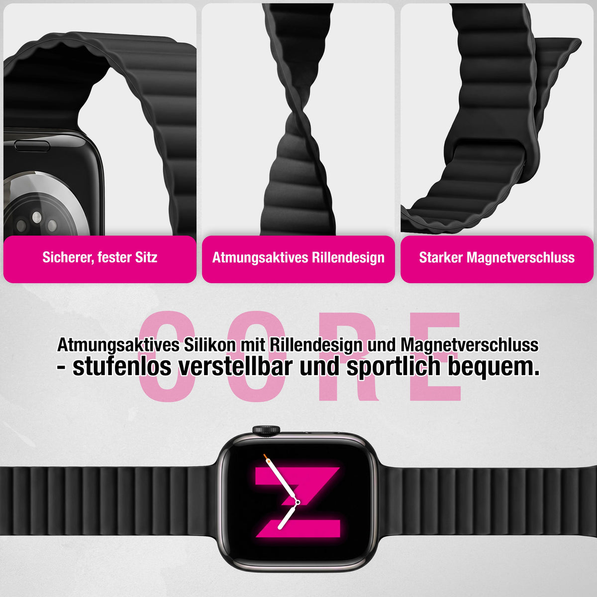 NALIA Core Magnet Armband kompatibel mit Apple Watch Series Ultra/SE/10/9/8/7/6/5/4/3/2/1 – 42/44/45/46/49mm, Atmungsaktives Silikon Loop, Sportarmband mit Rillendesign