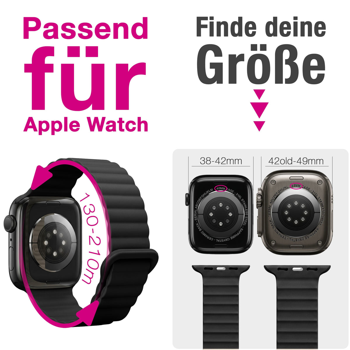 NALIA Core Magnet Armband kompatibel mit Apple Watch Series Ultra/SE/10/9/8/7/6/5/4/3/2/1 – 42/44/45/46/49mm, Atmungsaktives Silikon Loop, Sportarmband mit Rillendesign