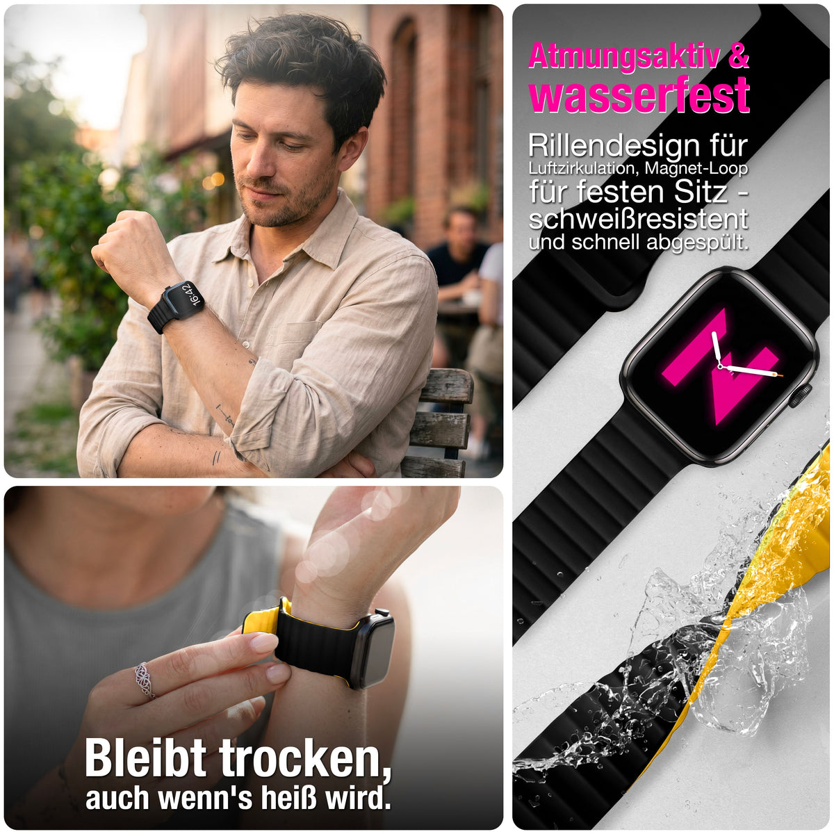 NALIA Core Magnet Armband kompatibel mit Apple Watch Series Ultra/SE/10/9/8/7/6/5/4/3/2/1 – 42/44/45/46/49mm, Atmungsaktives Silikon Loop, Sportarmband mit Rillendesign