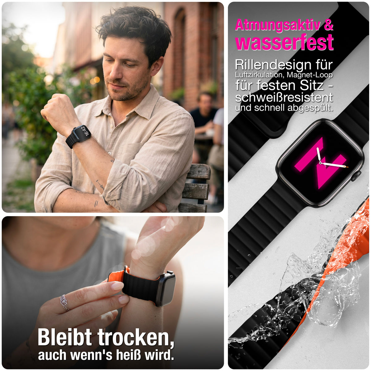 NALIA Core Magnet Armband kompatibel mit Apple Watch Series Ultra/SE/10/9/8/7/6/5/4/3/2/1 – 42/44/45/46/49mm, Atmungsaktives Silikon Loop, Sportarmband mit Rillendesign