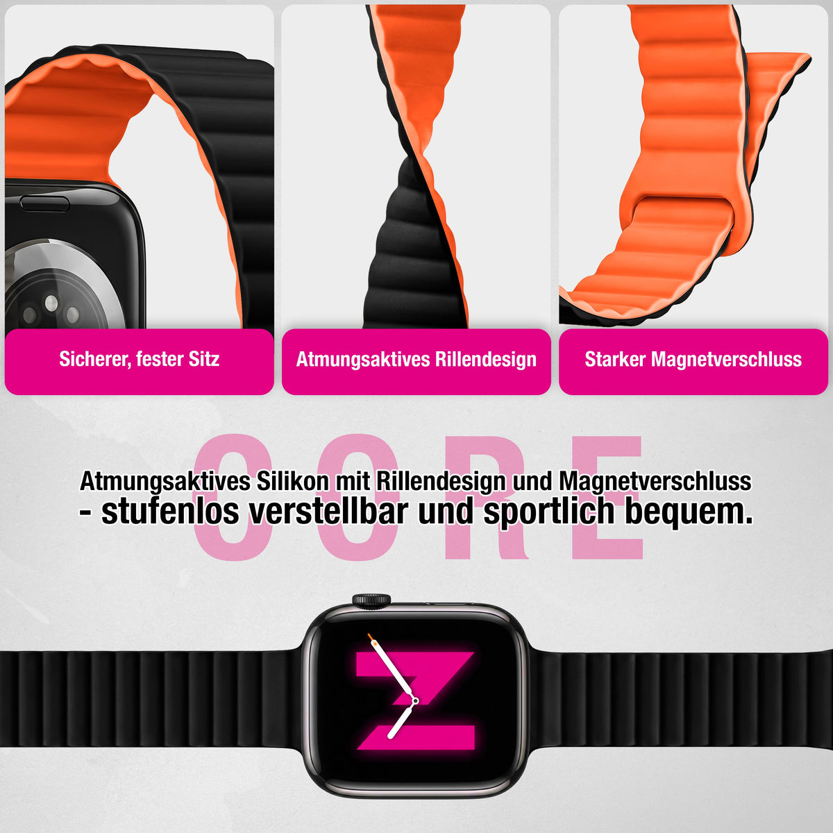 NALIA Core Magnet Armband kompatibel mit Apple Watch Series Ultra/SE/10/9/8/7/6/5/4/3/2/1 – 42/44/45/46/49mm, Atmungsaktives Silikon Loop, Sportarmband mit Rillendesign