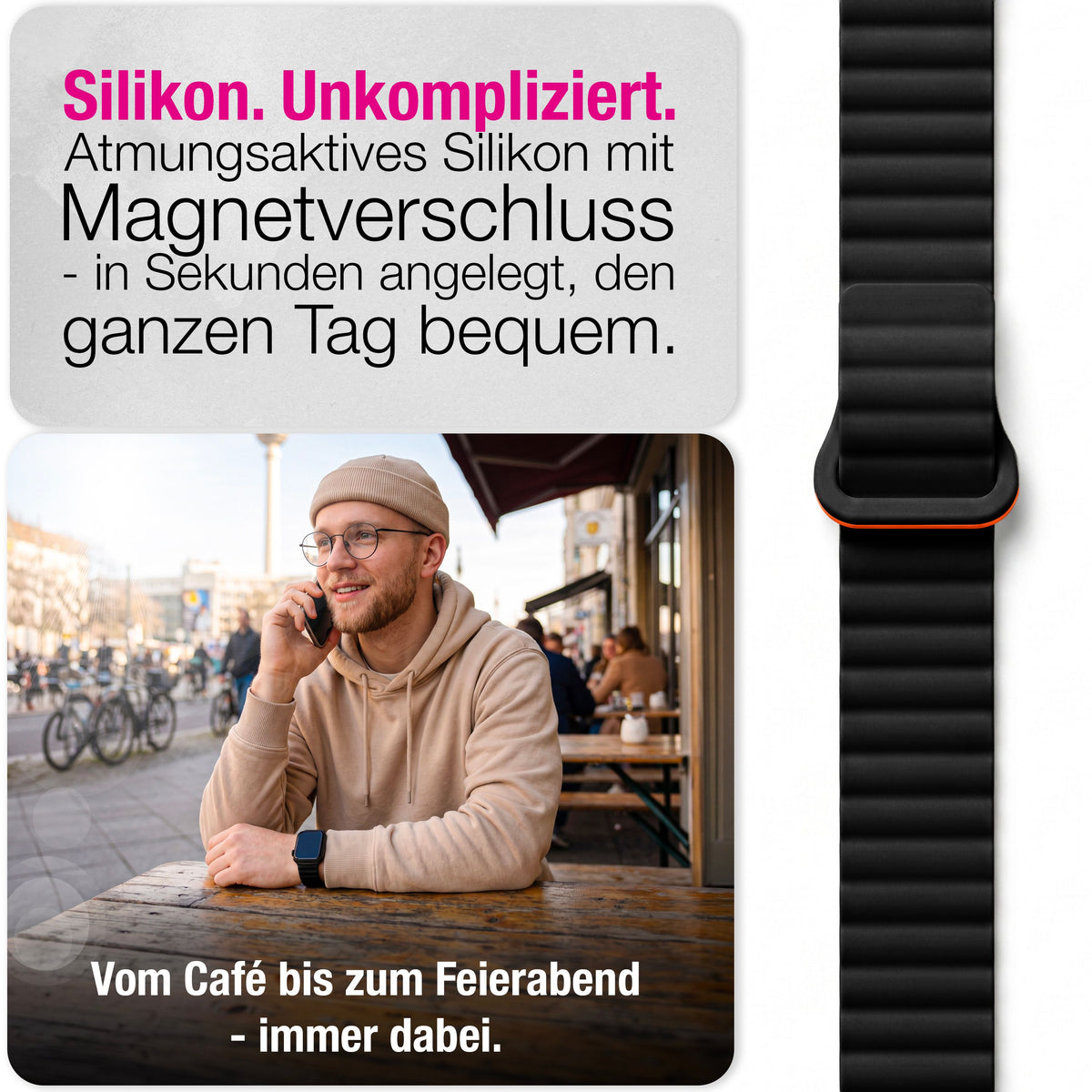 NALIA Core Magnet Armband kompatibel mit Apple Watch Series Ultra/SE/10/9/8/7/6/5/4/3/2/1 – 42/44/45/46/49mm, Atmungsaktives Silikon Loop, Sportarmband mit Rillendesign