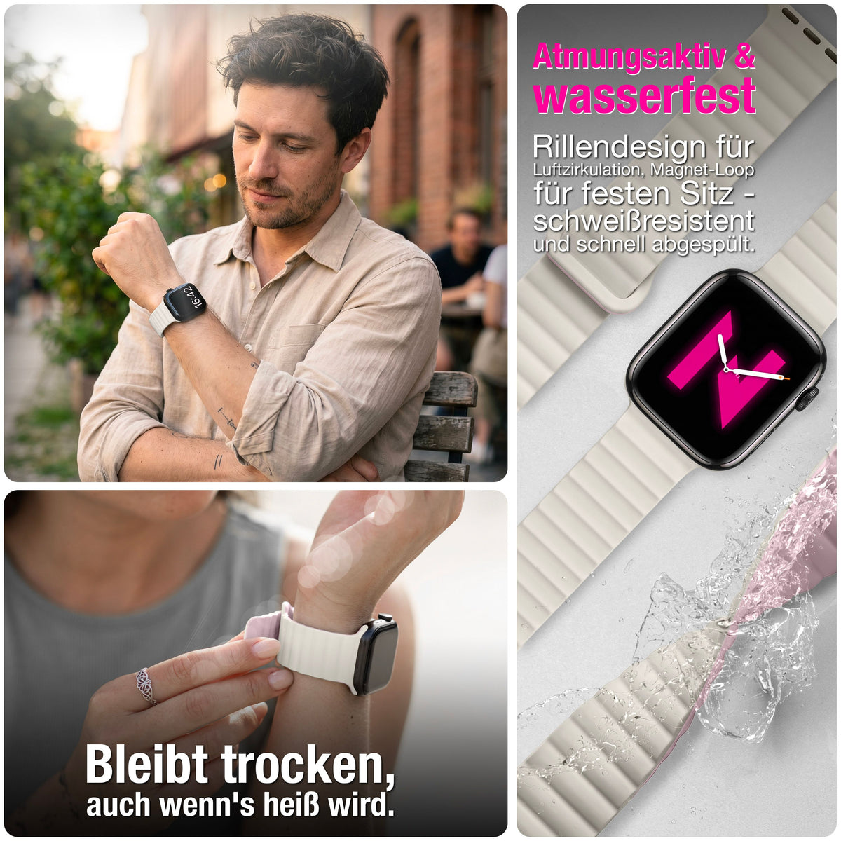 NALIA Core Magnet Armband kompatibel mit Apple Watch Series Ultra/SE/10/9/8/7/6/5/4/3/2/1 – 42/44/45/46/49mm, Atmungsaktives Silikon Loop, Sportarmband mit Rillendesign