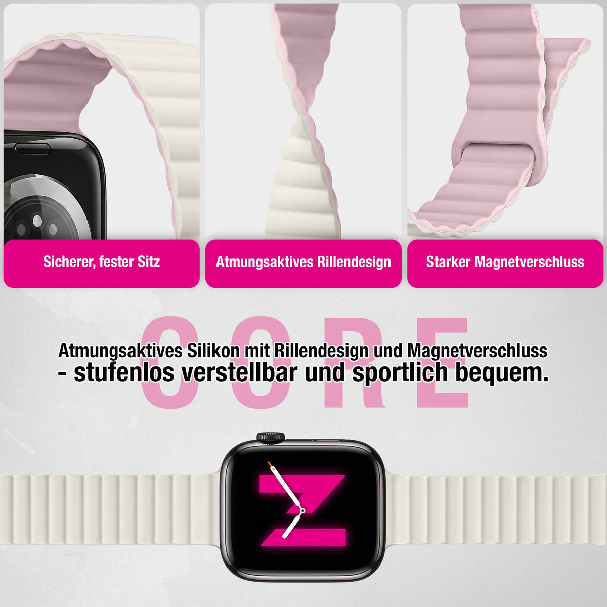 NALIA Core Magnet Armband kompatibel mit Apple Watch Series Ultra/SE/10/9/8/7/6/5/4/3/2/1 – 42/44/45/46/49mm, Atmungsaktives Silikon Loop, Sportarmband mit Rillendesign