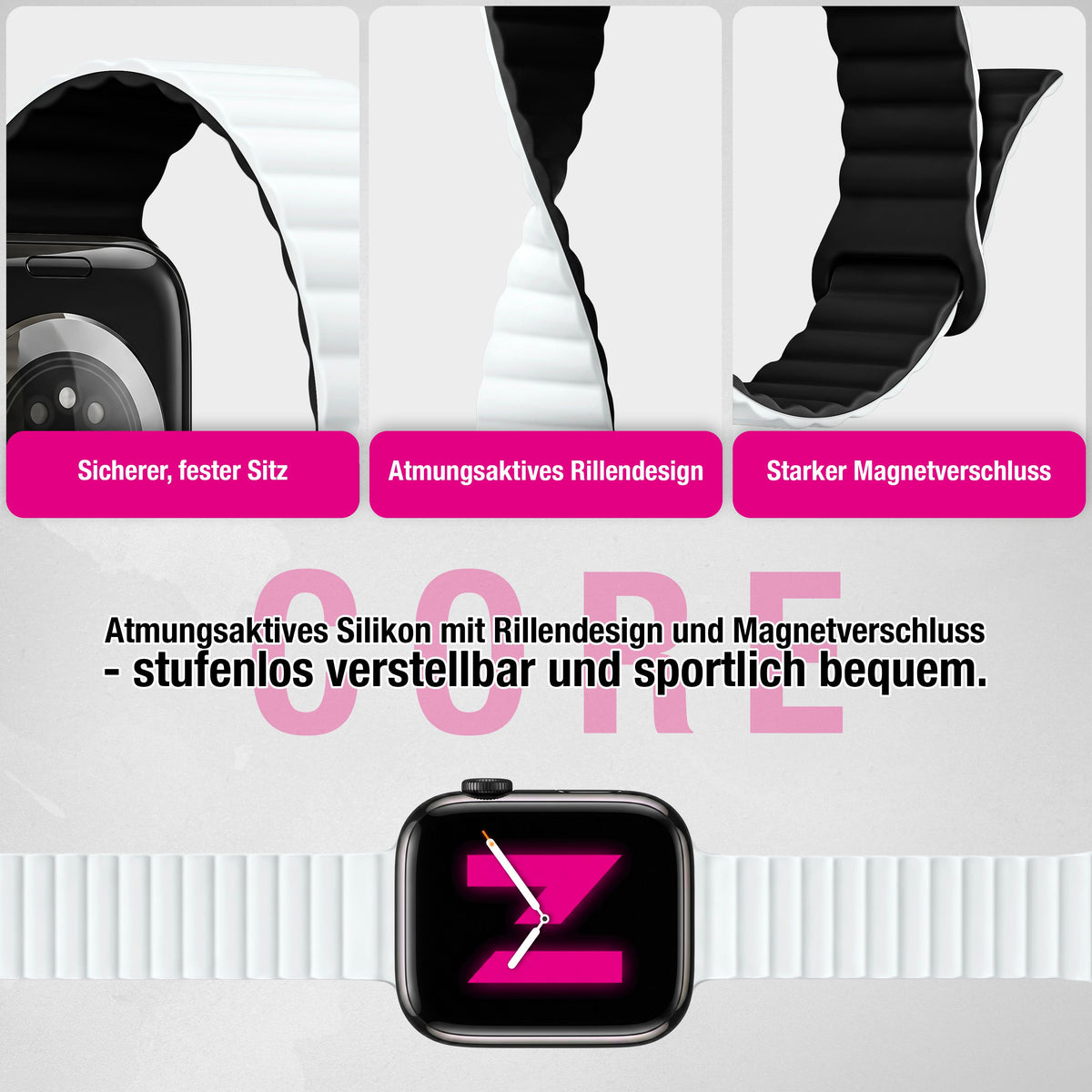 NALIA Core Magnet Armband kompatibel mit Apple Watch Series Ultra/SE/10/9/8/7/6/5/4/3/2/1 – 42/44/45/46/49mm, Atmungsaktives Silikon Loop, Sportarmband mit Rillendesign