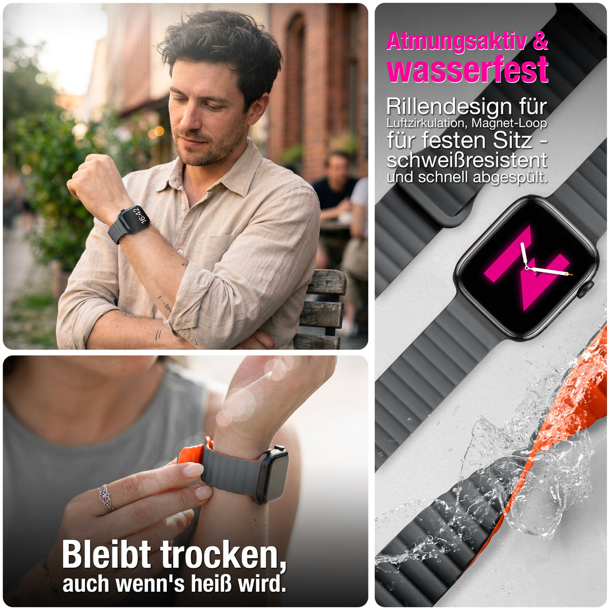 NALIA Core Magnet Armband kompatibel mit Apple Watch Series Ultra/SE/10/9/8/7/6/5/4/3/2/1 – 42/44/45/46/49mm, Atmungsaktives Silikon Loop, Sportarmband mit Rillendesign