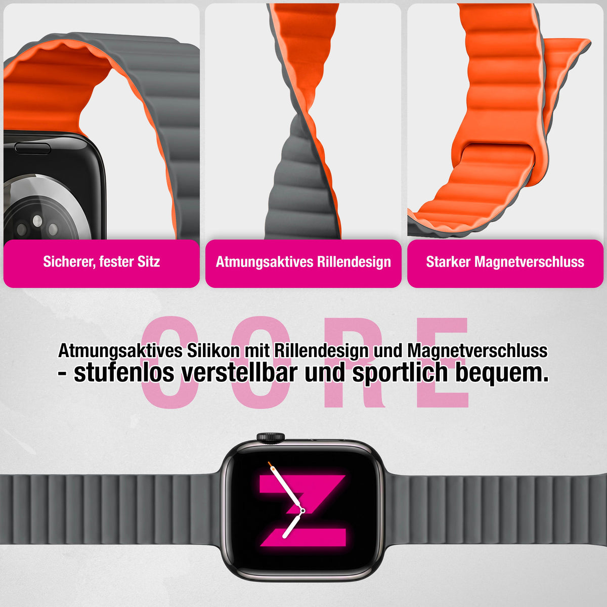 NALIA Core Magnet Armband kompatibel mit Apple Watch Series Ultra/SE/10/9/8/7/6/5/4/3/2/1 – 42/44/45/46/49mm, Atmungsaktives Silikon Loop, Sportarmband mit Rillendesign