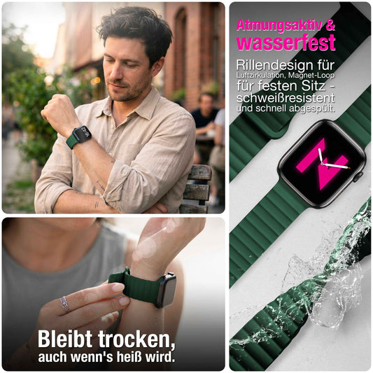 NALIA Core Magnet Armband kompatibel mit Apple Watch Series Ultra/SE/10/9/8/7/6/5/4/3/2/1 – 42/44/45/46/49mm, Atmungsaktives Silikon Loop, Sportarmband mit Rillendesign
