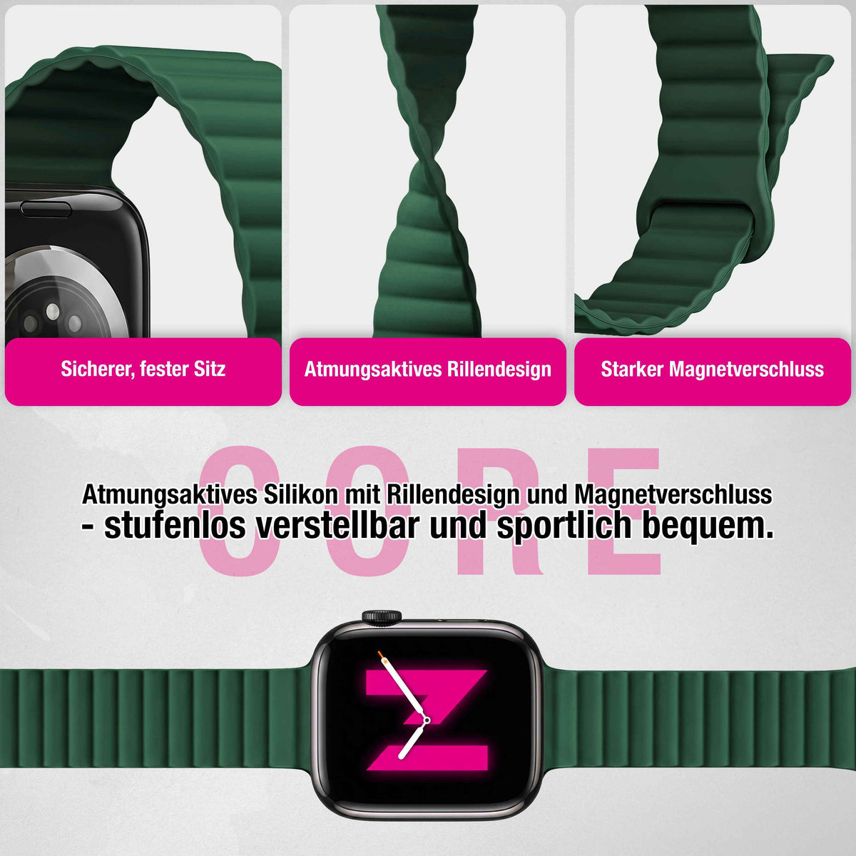 NALIA Core Magnet Armband kompatibel mit Apple Watch Series Ultra/SE/10/9/8/7/6/5/4/3/2/1 – 42/44/45/46/49mm, Atmungsaktives Silikon Loop, Sportarmband mit Rillendesign