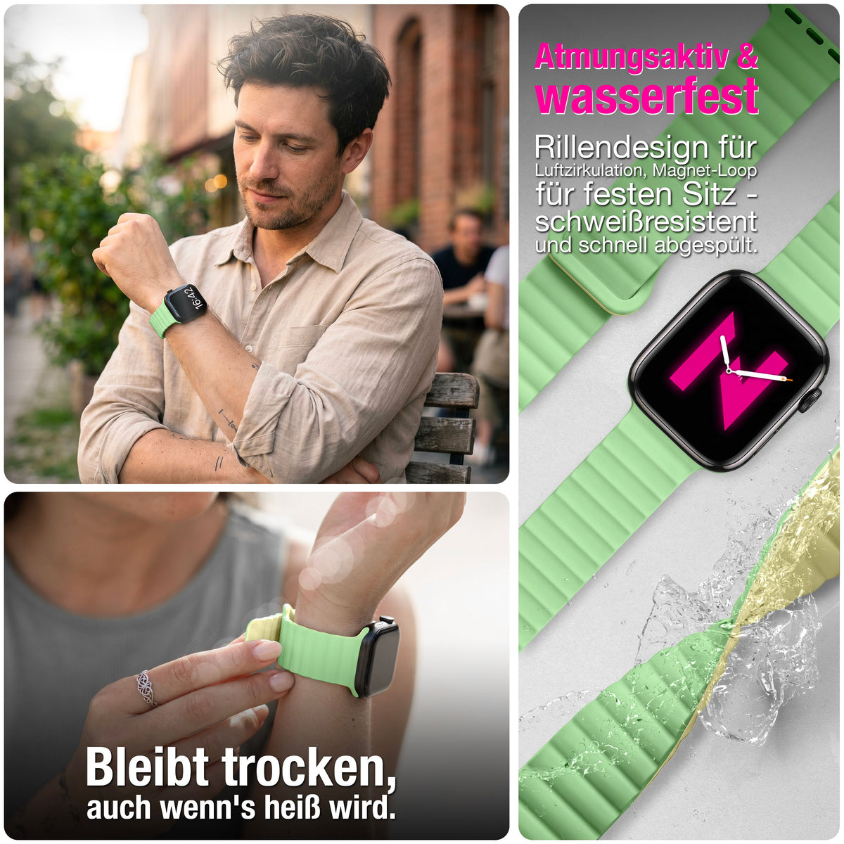 NALIA Core Magnet Armband kompatibel mit Apple Watch Series Ultra/SE/10/9/8/7/6/5/4/3/2/1 – 42/44/45/46/49mm, Atmungsaktives Silikon Loop, Sportarmband mit Rillendesign