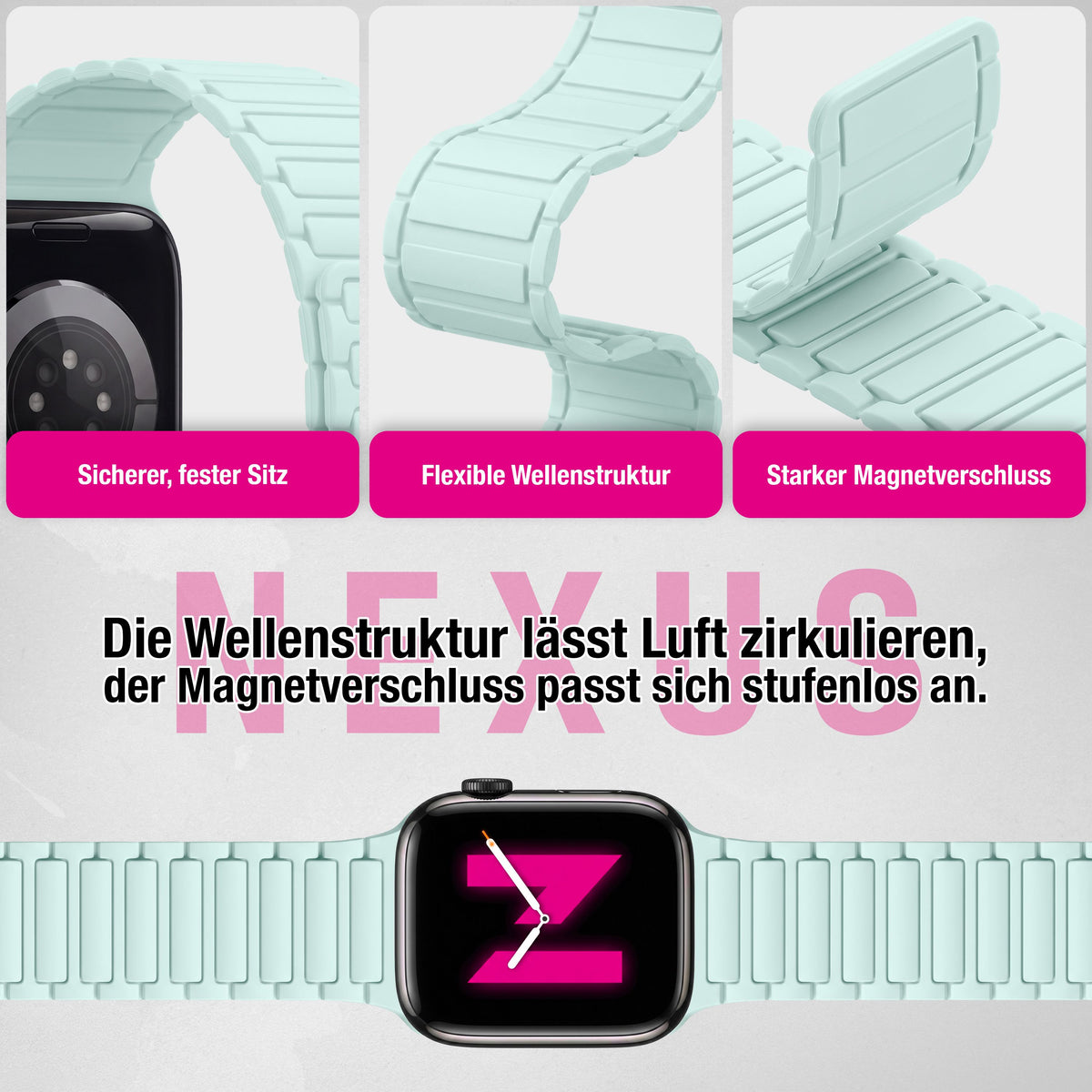 NALIA Nexus Magnet Armband kompatibel mit Apple Watch Armband Series SE/iWatch 10 9 8 7 6 5 4 3 2 1, 38/40/41/42mm, Silikon Loop mit Rillendesign, Sportarmband Magnetisch NALIA Berlin