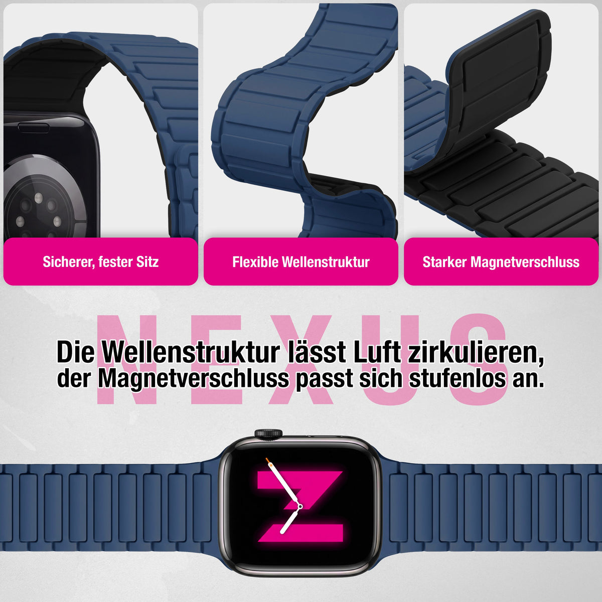 NALIA Nexus Magnet Armband kompatibel mit Apple Watch Armband Series SE/iWatch 10 9 8 7 6 5 4 3 2 1, 38/40/41/42mm, Silikon Loop mit Rillendesign, Sportarmband Magnetisch NALIA Berlin